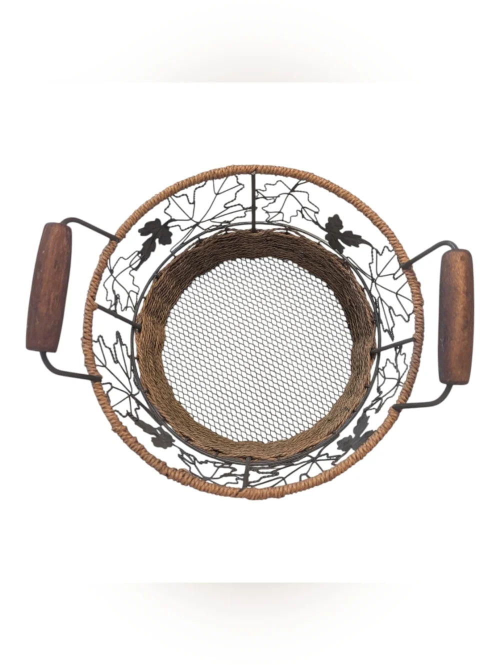 VTG Fall Themed Maple Leaves Wooden Handled Metal Wicker De Decorative Basket